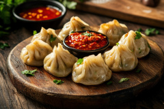 Delicious Steamed Momos with Spicy Chili Sauce